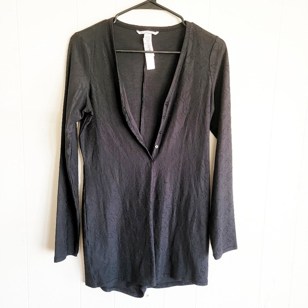 Victoria's Secret Black Long Sleeve Button Front Terrot Cotton Romper - Picture 2 of 4
